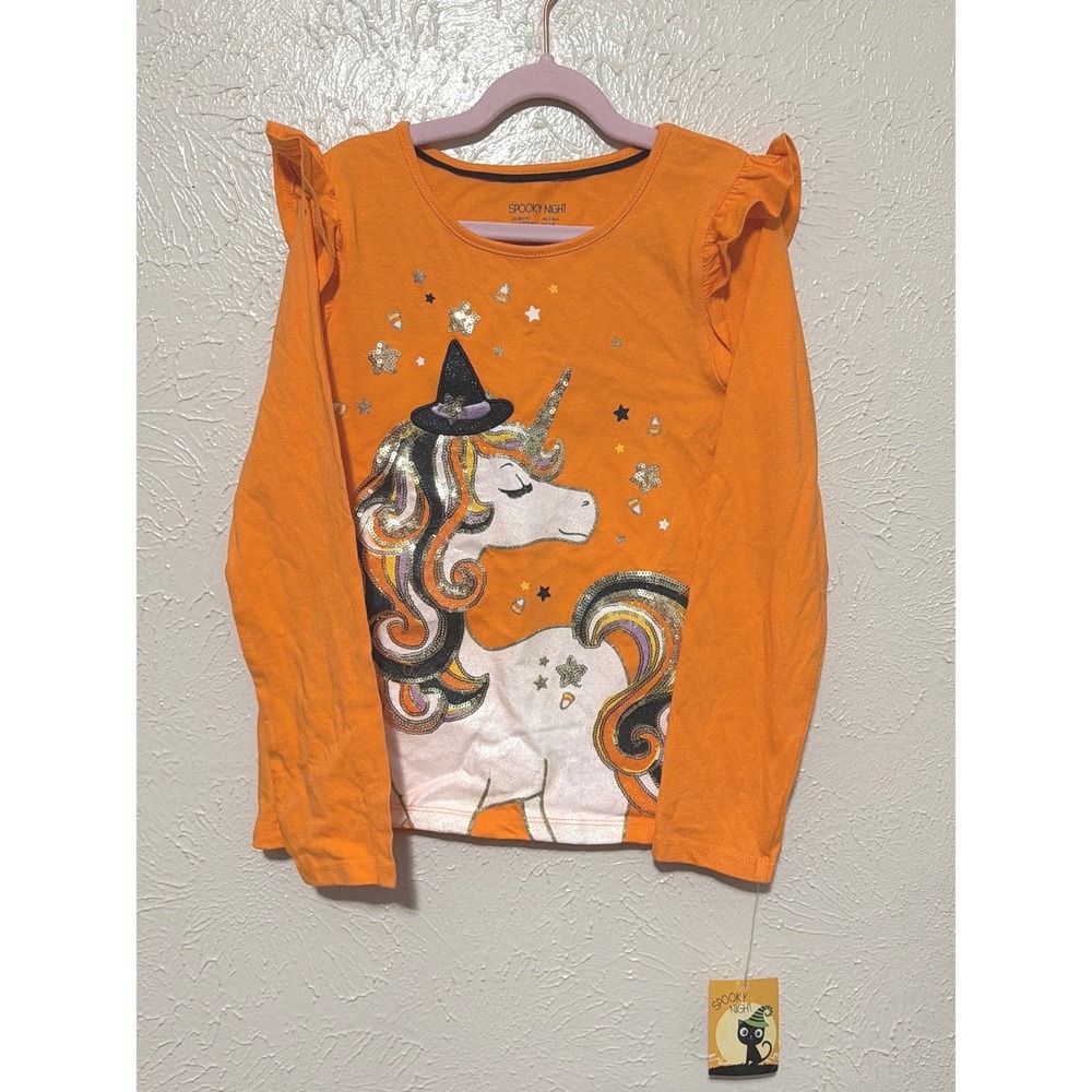 Spooky Night Girls Orange Halloween Sequin Witch Unicorn Ruffle Shirt Size M 7/8